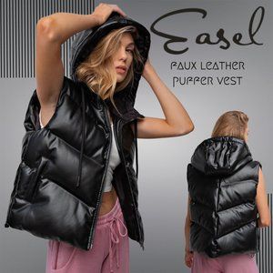 EASEL Faux Leather Ultra Lux Quilted Puffer Vest - Drawstring Hood & Zip Closure